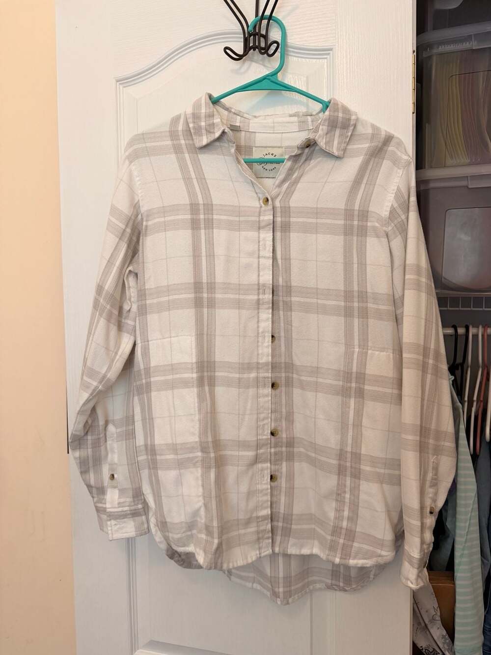 Jachs Girlfriend Flannel Shirt Size S White Grey Plaid Long Sleeve